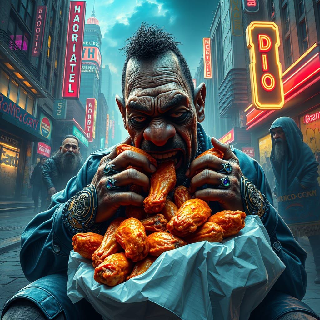 Vibrant Figure Devours Chicken Wings Amidst Dreamlike Dystop...