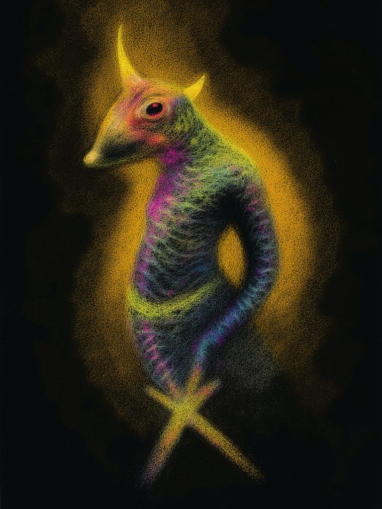 Surreal Dragonfishmouse Creature in Misty Black and Gold