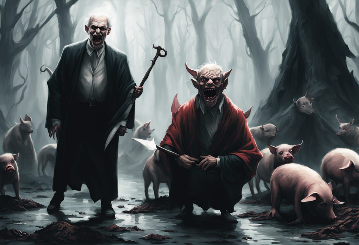 Horrific Scene of Satan and Priest with Pigs