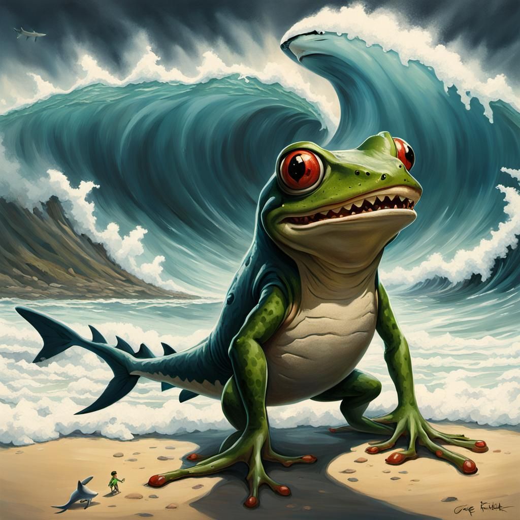 Sinister Frog Observes Shark Wave on Beach