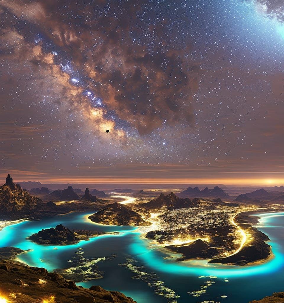 Magical Gold City in Swirling Indigo Space