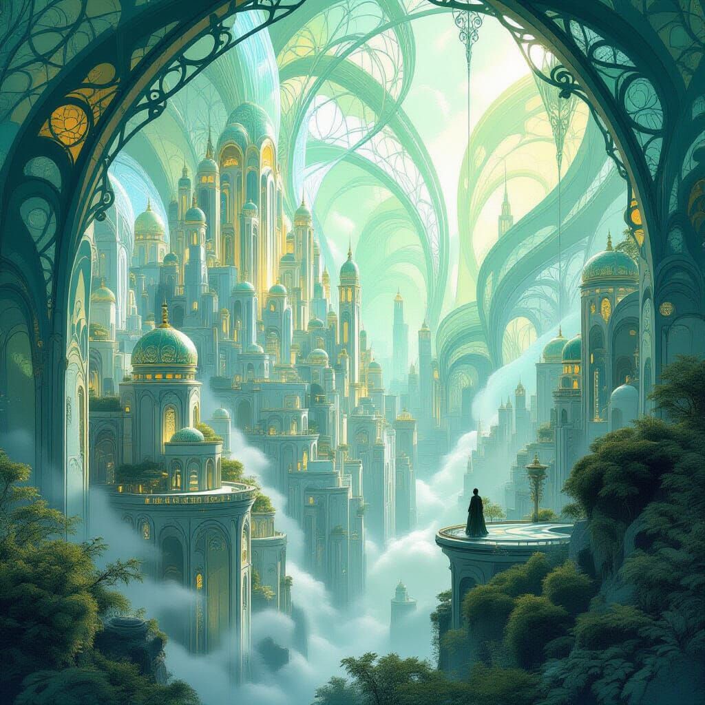 Ethereal Anunnaki City in Art Nouveau Style