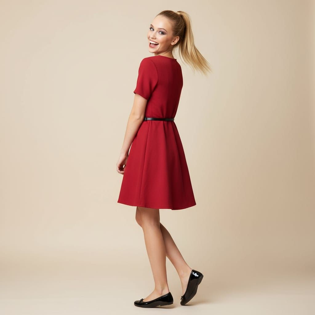 Excited Young Woman in Red Dress, Photorealistic Studio Port...