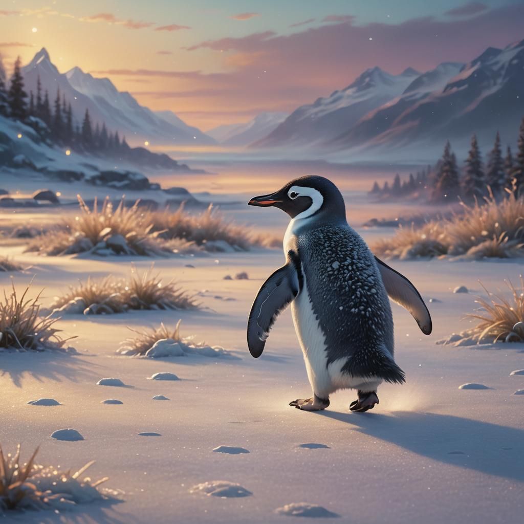 Penguin Journey Across Frozen Land in Painterly Style