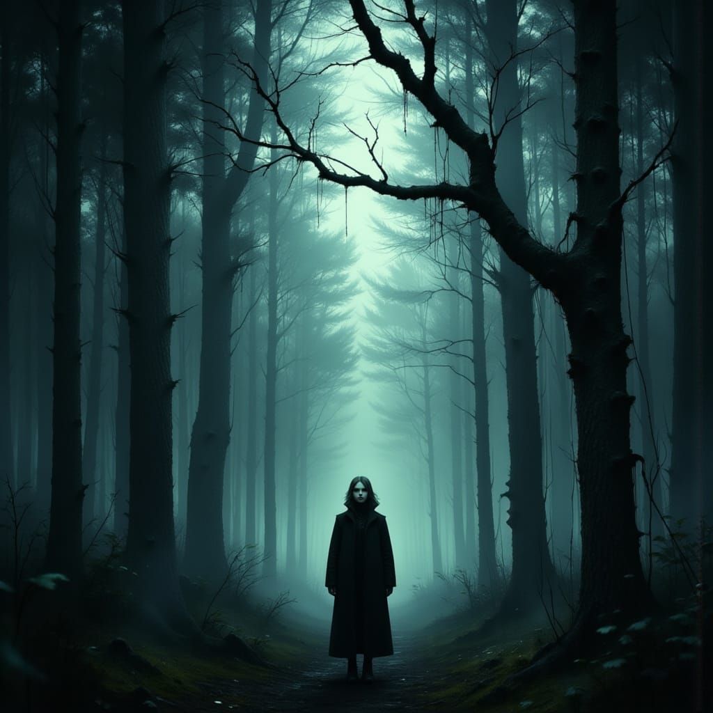 Lonely Woman in Misty Forest: Dark Fantasy Art