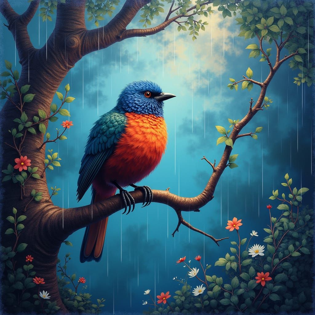 Vivid Bird in Forest: Pointillism Astral Art