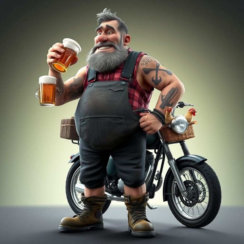 Rugged Biker Old Man with Majdanpek Mining Tattoo, Beer, and...