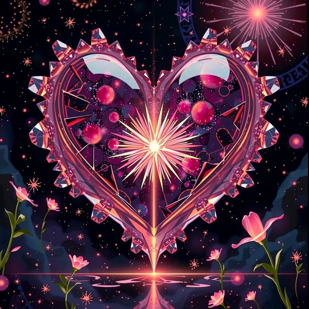 Cosmic Heart of Glass in Whimsical, Abstract Holographic Sty...