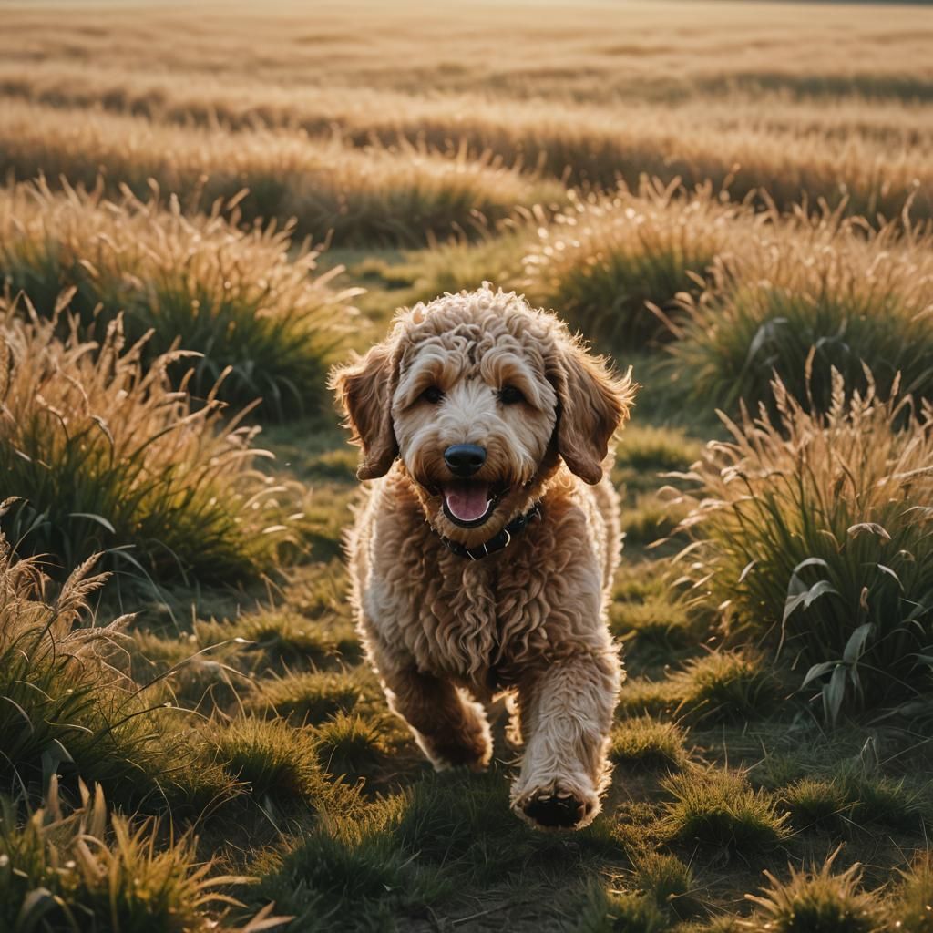 Golden Doodle Runs Through Sunlit Field