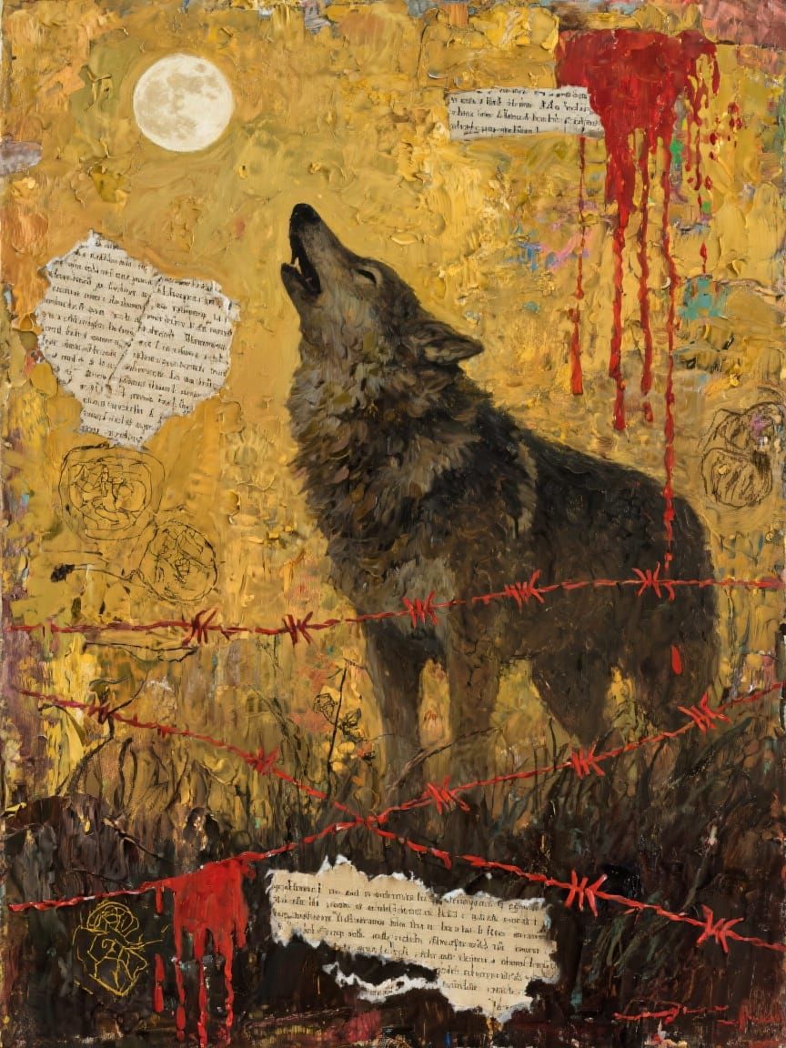 Rustic Oil Painting of Loneliness with Howling Wolf