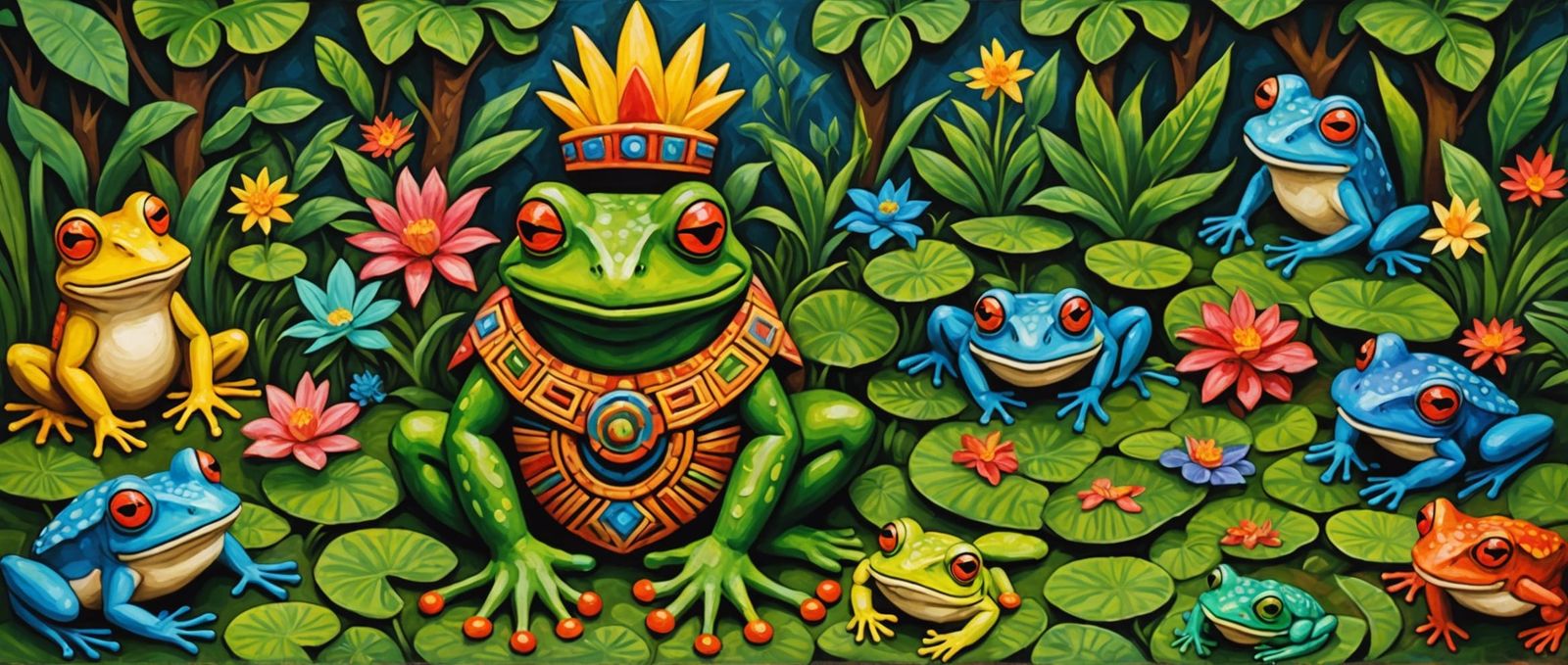 Aztec Frog God and Goddess: Impasto Forest Scene