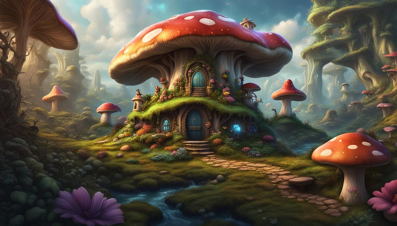 Enchanted Fairy House in Giant Mushroom, Detailed Matte Pain...