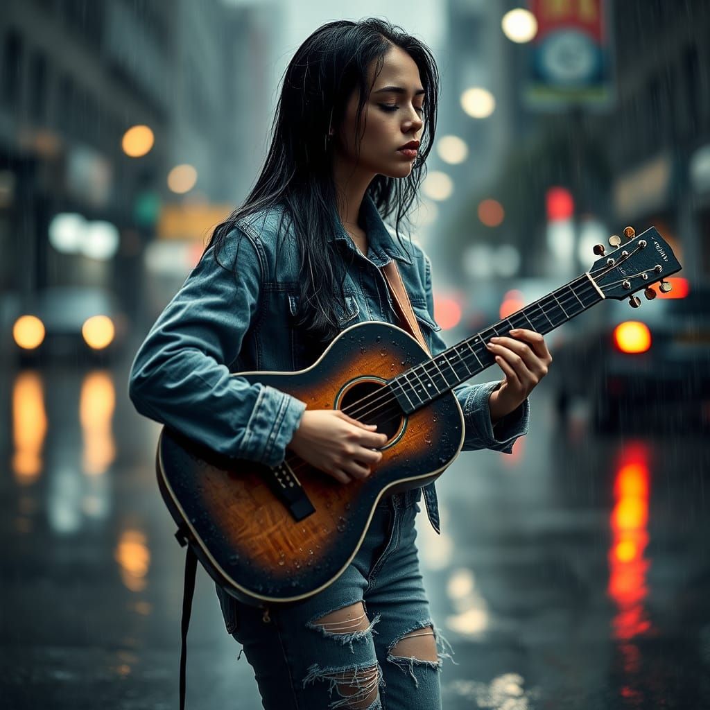 Busker in Rain: High-Contrast Cinematic Photo