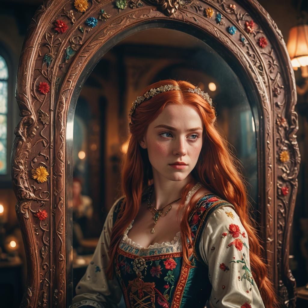 Pretty Red Haired Medieval Girl Standing in Front of a Mirro...