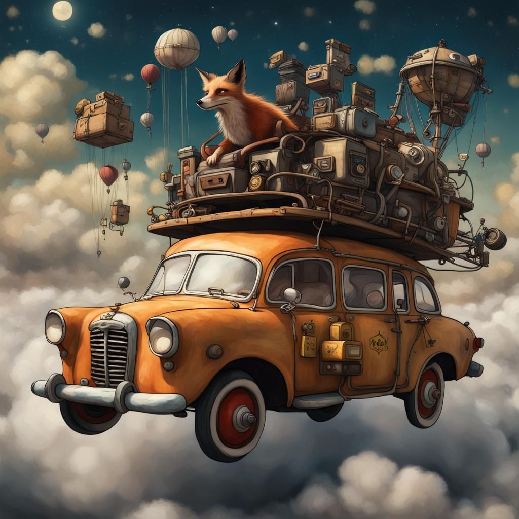 Steampunk Junk-Mobile on Cloudy Road in Photorealism Style
