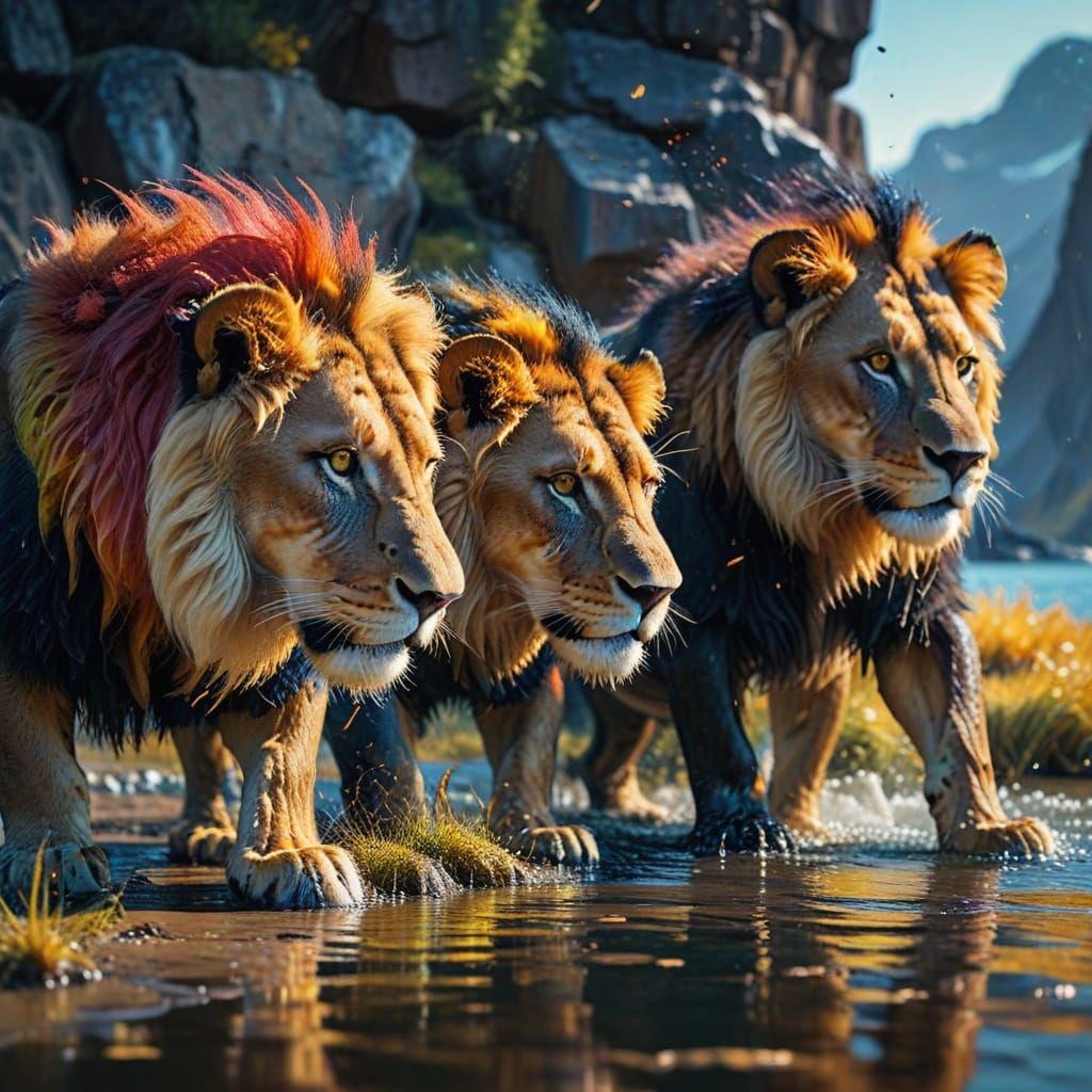 Lions at Kalsoy Island in Vibrant Watercolor Style