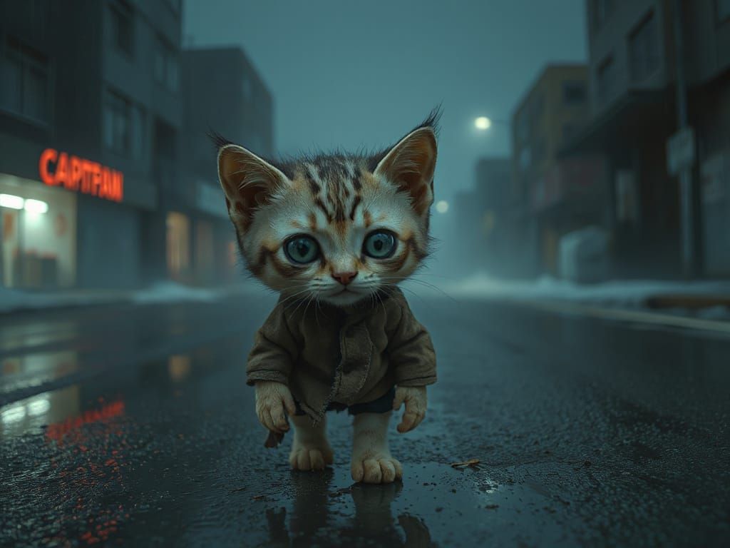 Lonely Kitten Wanders Dark, Rainy Street in Muted Color Pale...