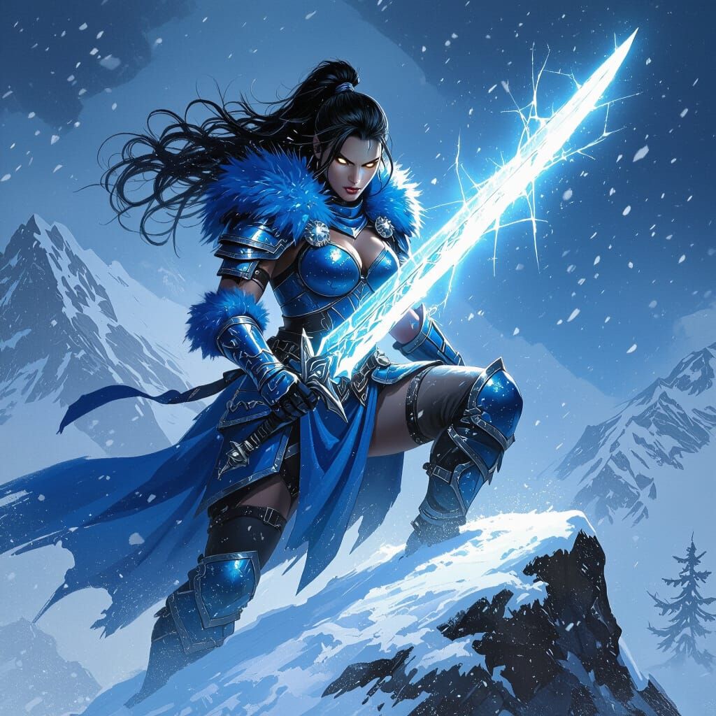 Powerful Female Warrior on Snowy Peak