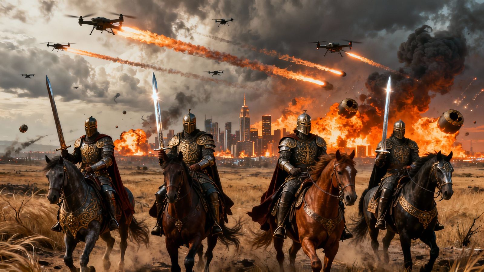 Four Horsemen of Apocalypse in Medieval Armor, Modern Warsca...