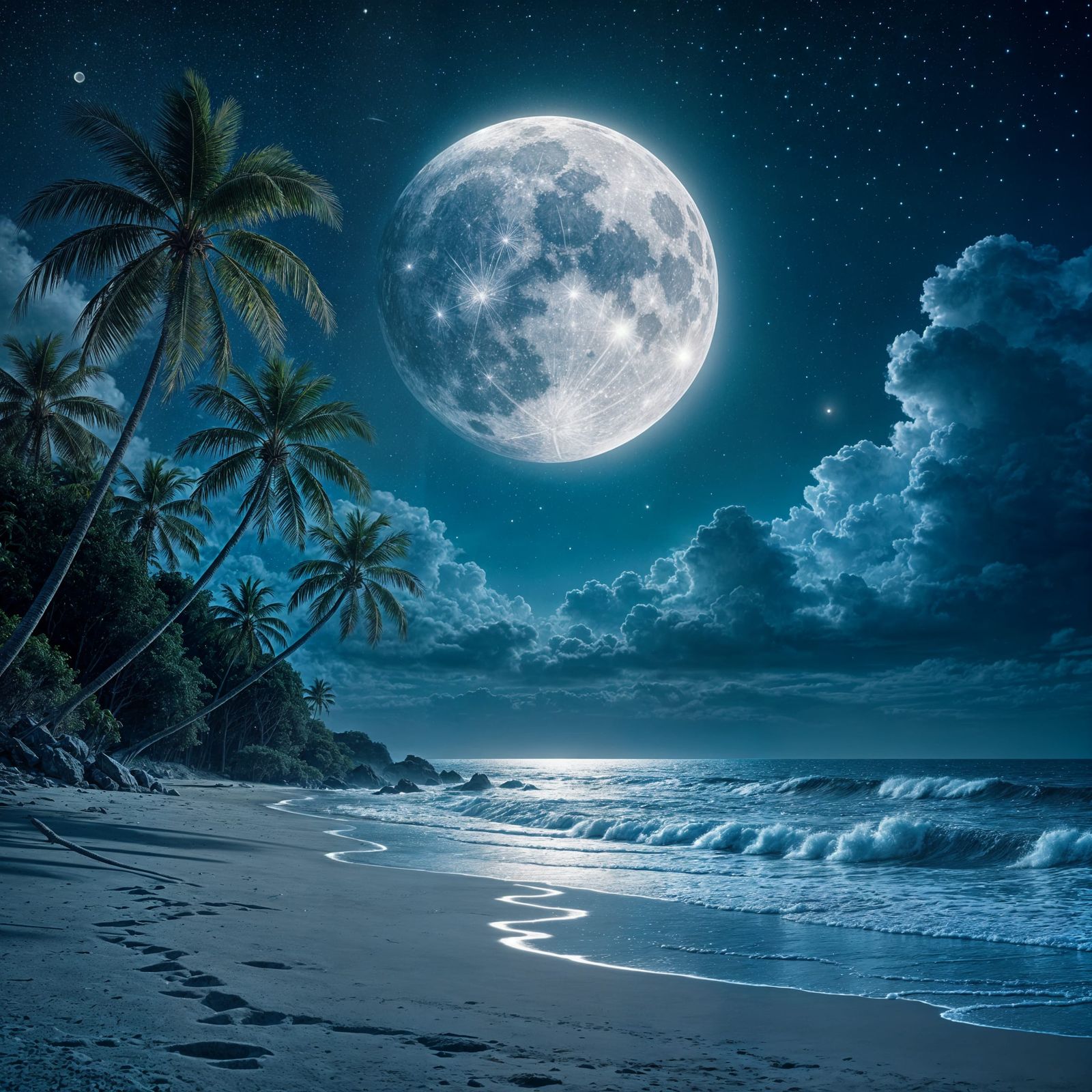 Glittery Moon Over Tropical Beach: Digital Matte Painting