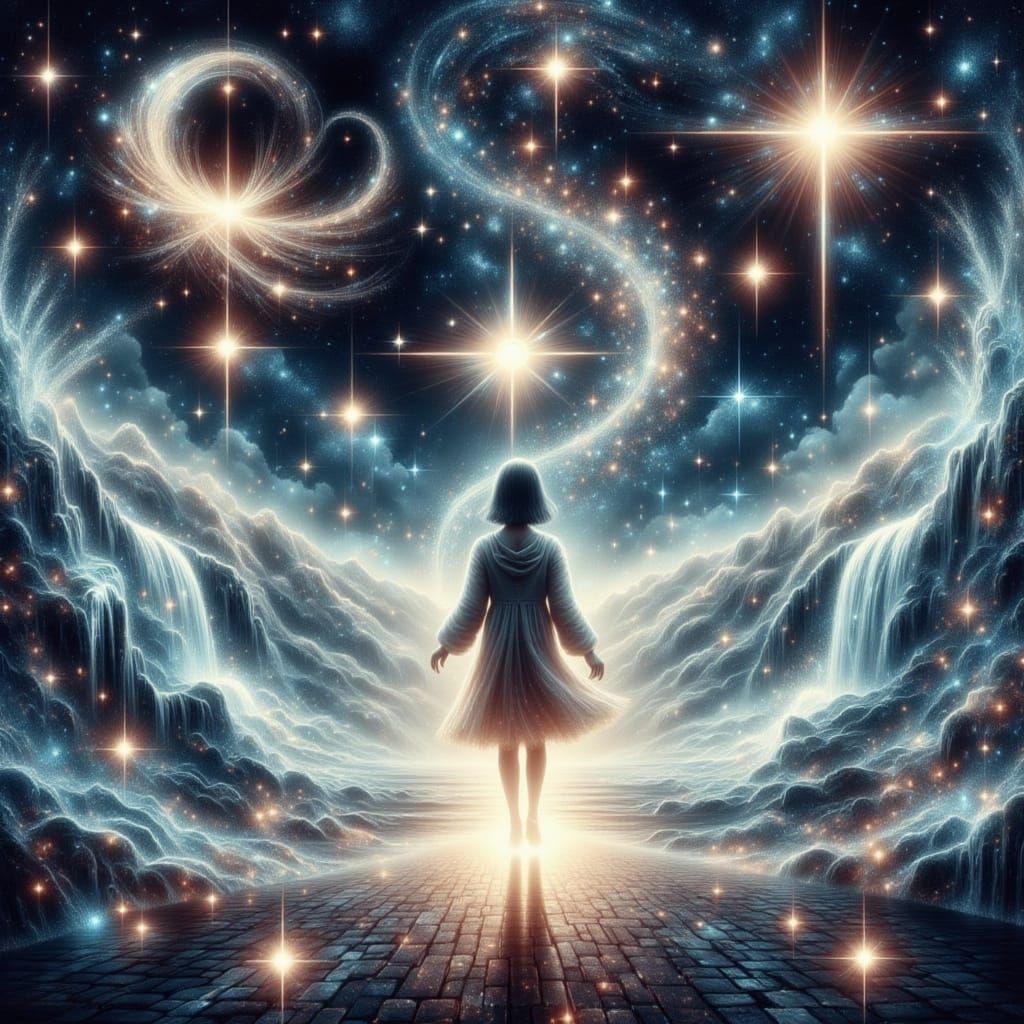 Ethereal Woman Surrounded by Swirling Stars