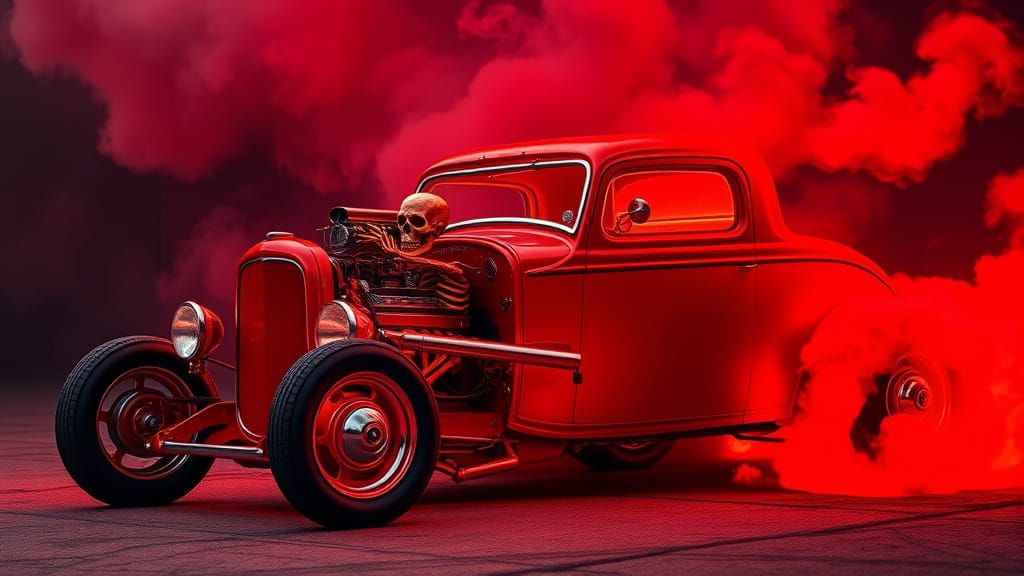 Haunted Red Hotrod with Skeleton Driver