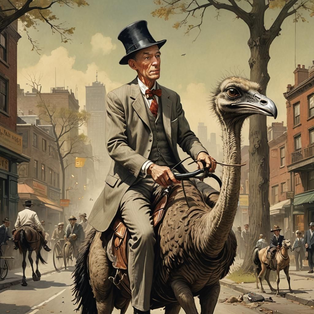 Businessmen, riding a sort of saddled ostrich-like mounts