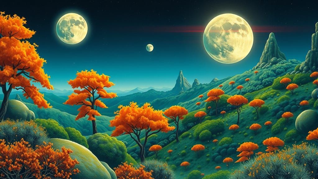 Vibrant Alien Landscape with Luminous Moons, Alcohol Ink Art