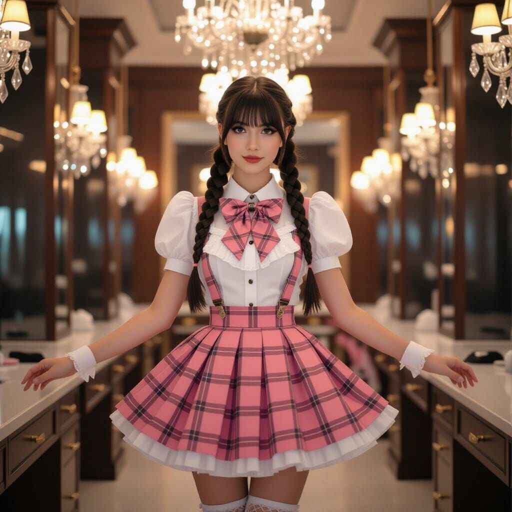 Young Woman in Pink Tartan School Uniform in Luxurious Dress...