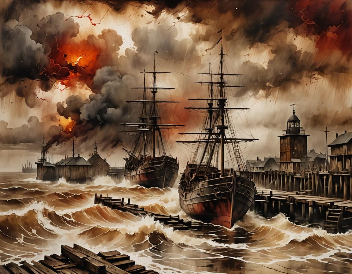 Tempestuous Harbor Scene in Romantic Impressionism
