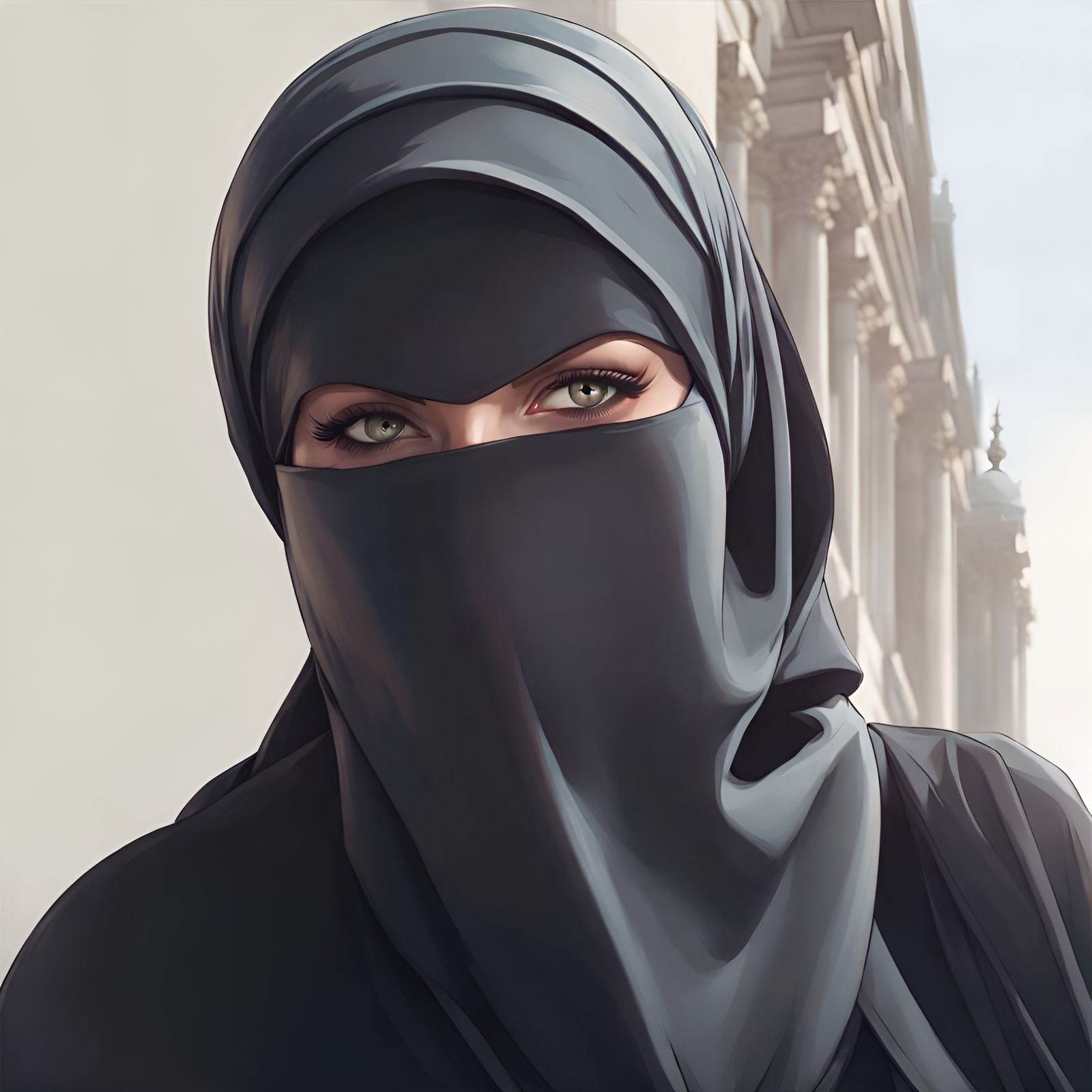 Woman in Niqab in Modern City, Hyperdetailed Portrait