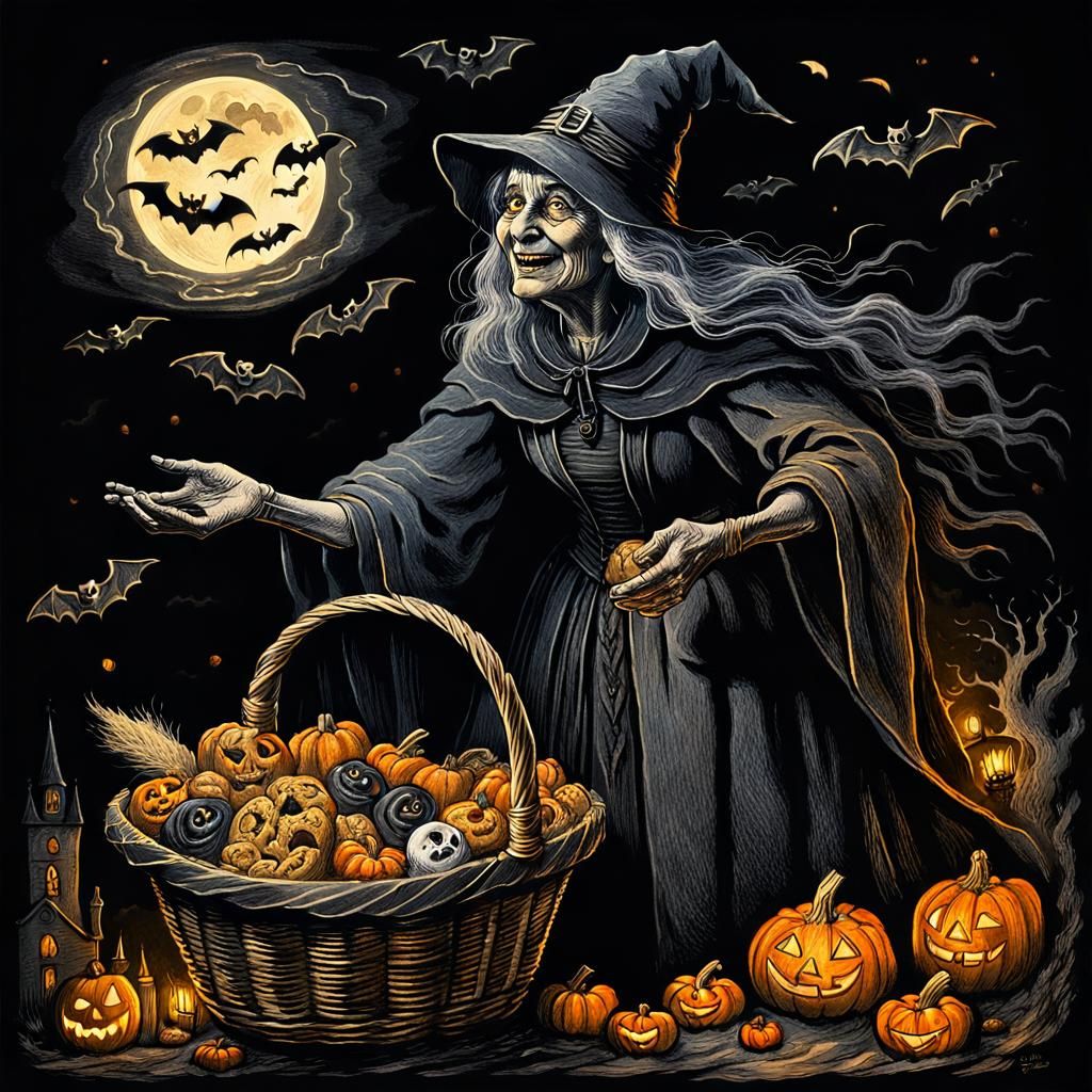 Witch with Halloween Treats as Gothic Art