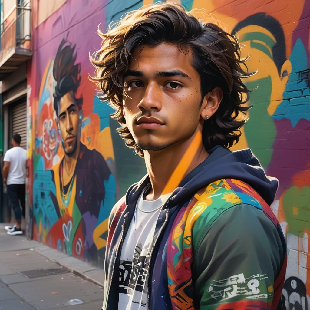 Hyperrealistic Latino Portrait with Street Art Background