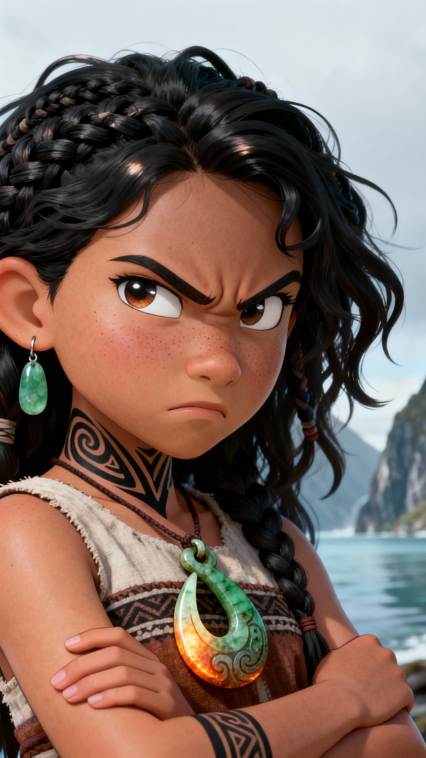 Fierce Māori Girl Digital Portrait in Anime-Realism Style