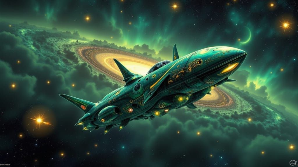 Curvy Alien Starship Over Green Continent