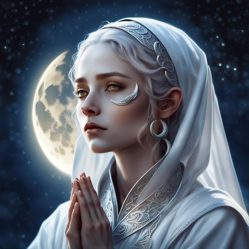 Half elf female cleric that worships a moon goddess