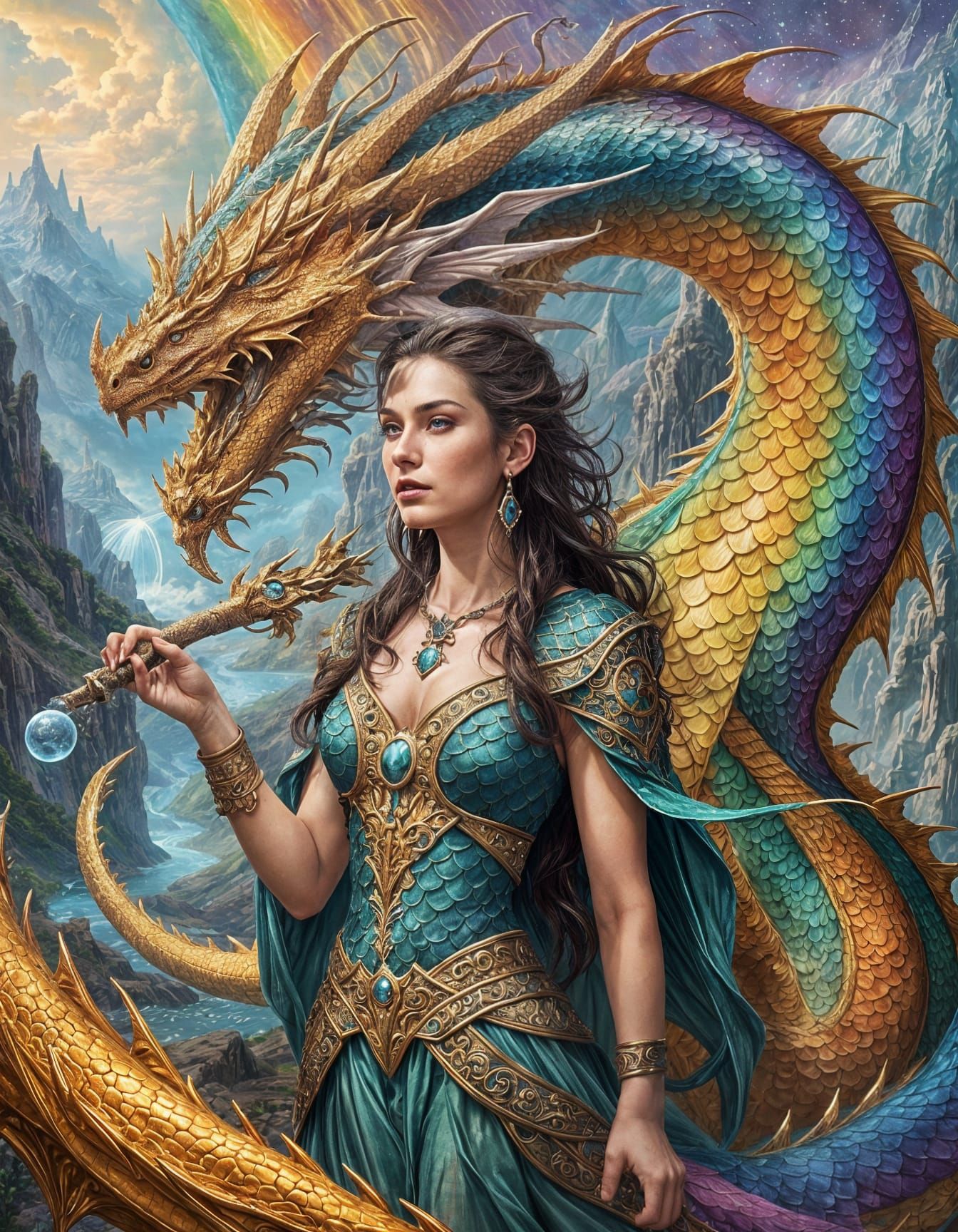 Enchanting Sorceress and Rainbow Dragon Painting