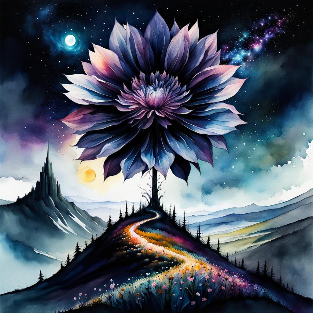 Galaxy Flower Fairytale Illustration in Watercolor Style