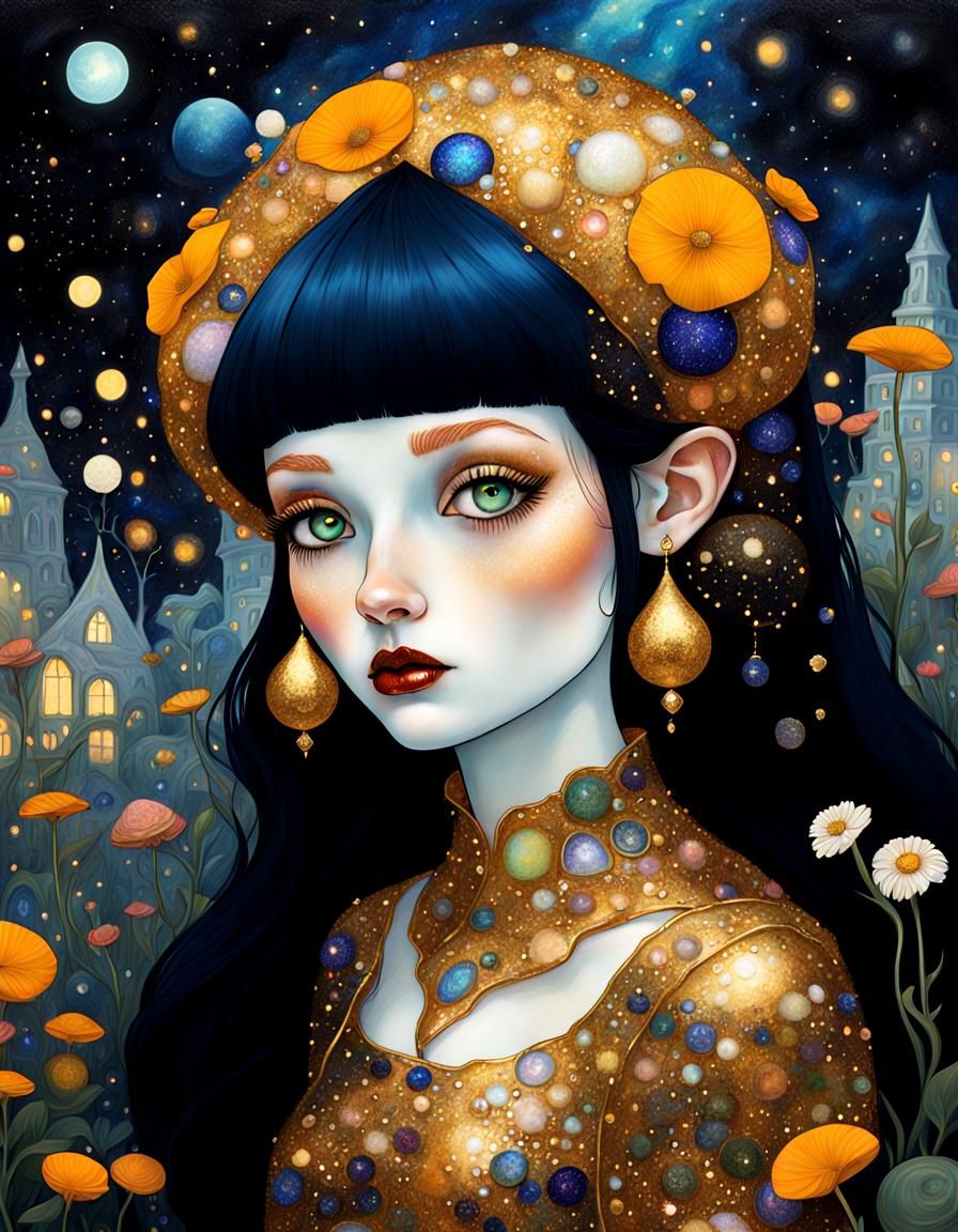 Golden Gnome Girl in Galaxy Garden, Klimt Style