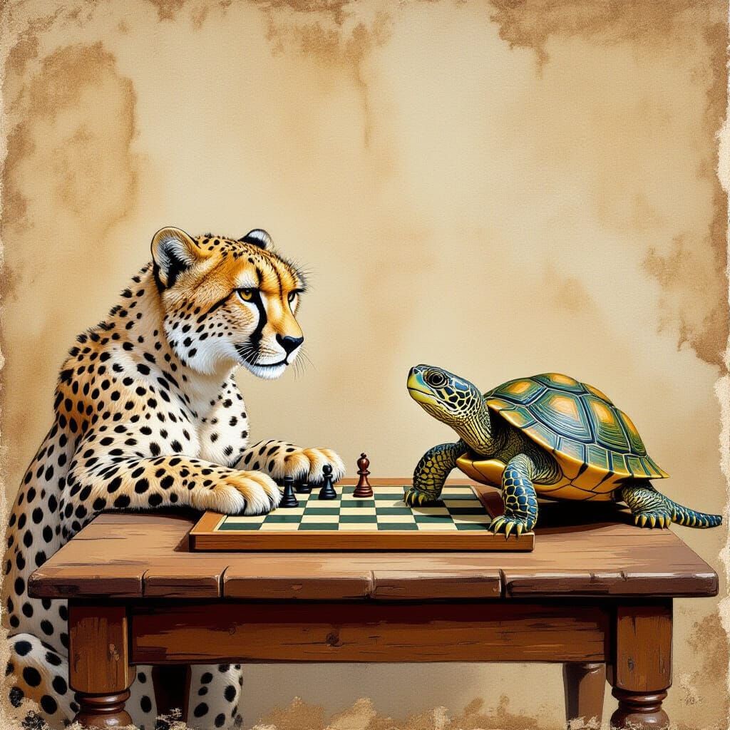 Cheetah and Turtle Play Checkers in Antique Painting