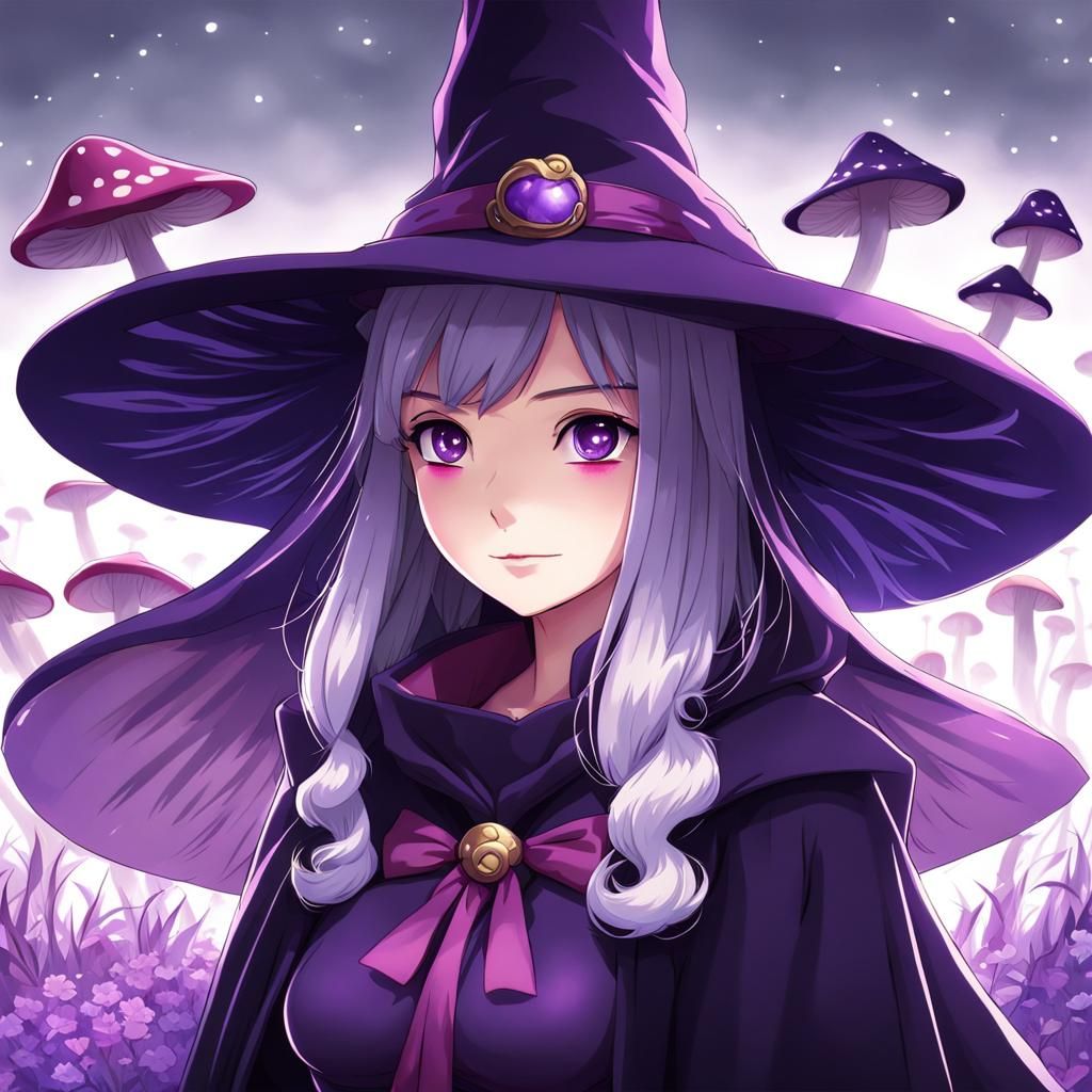 Mushroom Witch in Purple Cloak: Anime Style