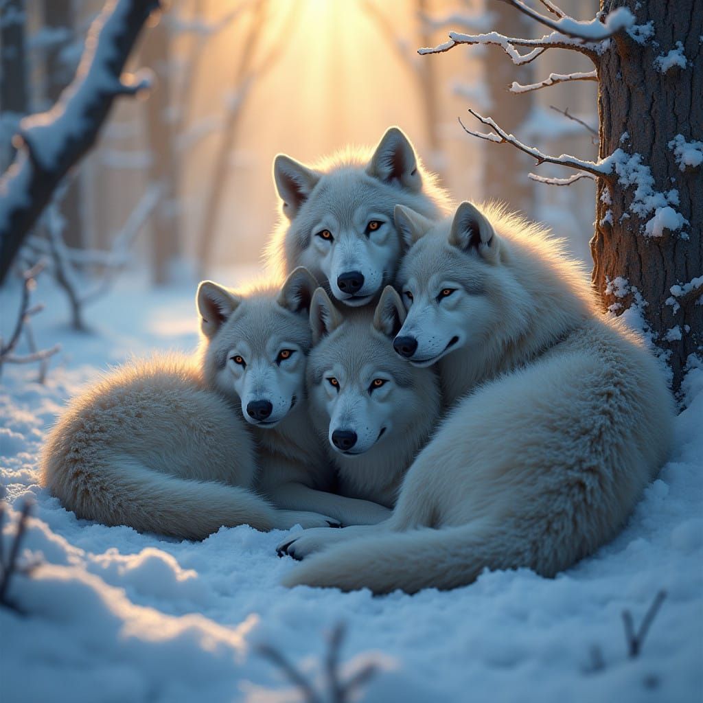 Wolves Huddle Together in a Winter Wonderland Scene