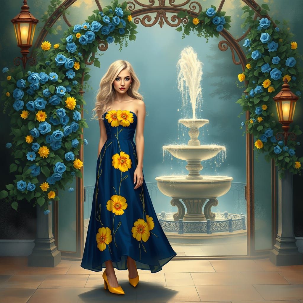 Ethereal Blonde in Floral Archway: Fantasy Art