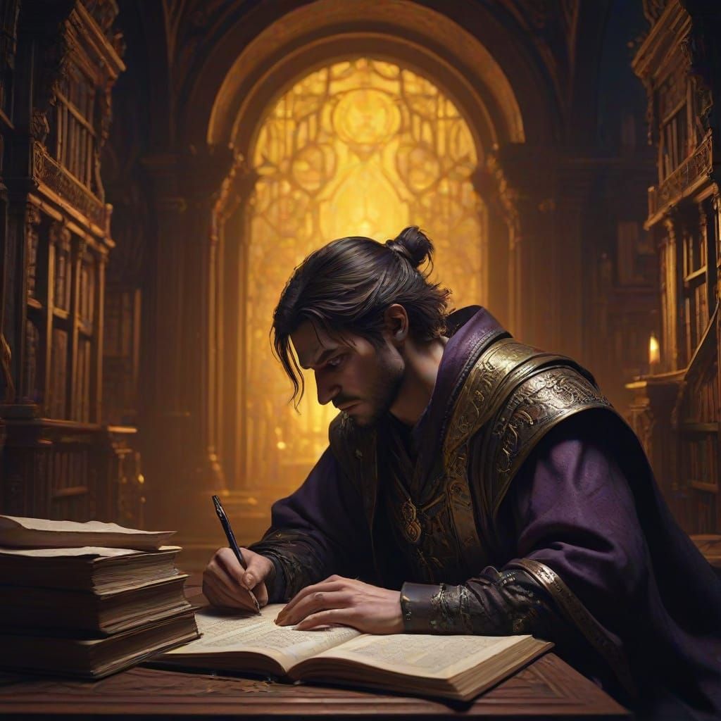 Ethereal Writer Amidst Ancient Tomes
