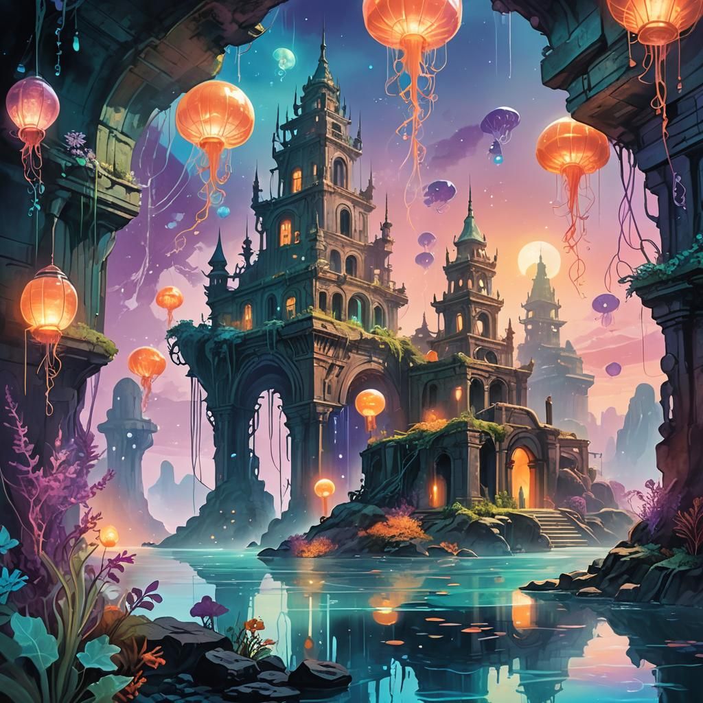 Bioluminescent Sunken City Ruins in Fantasy Style