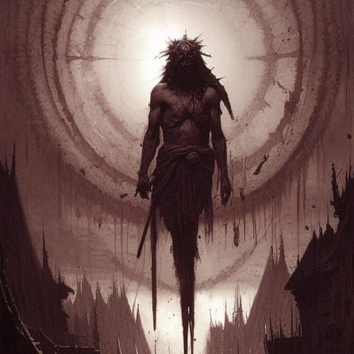 Terrifying Blood Warrior in Engraving Style