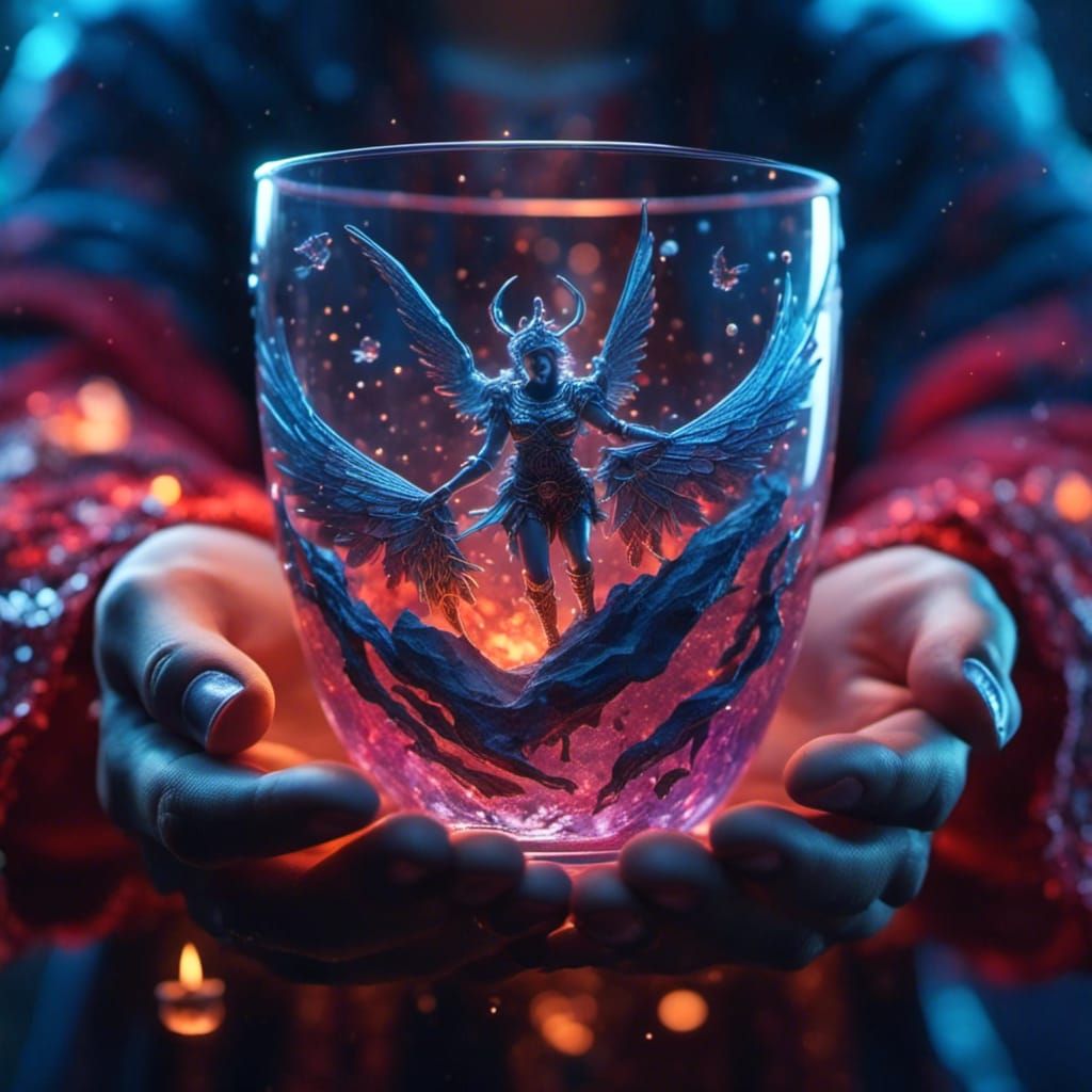 Angels and Demons in Glass Cup: Detailed Matte Painting