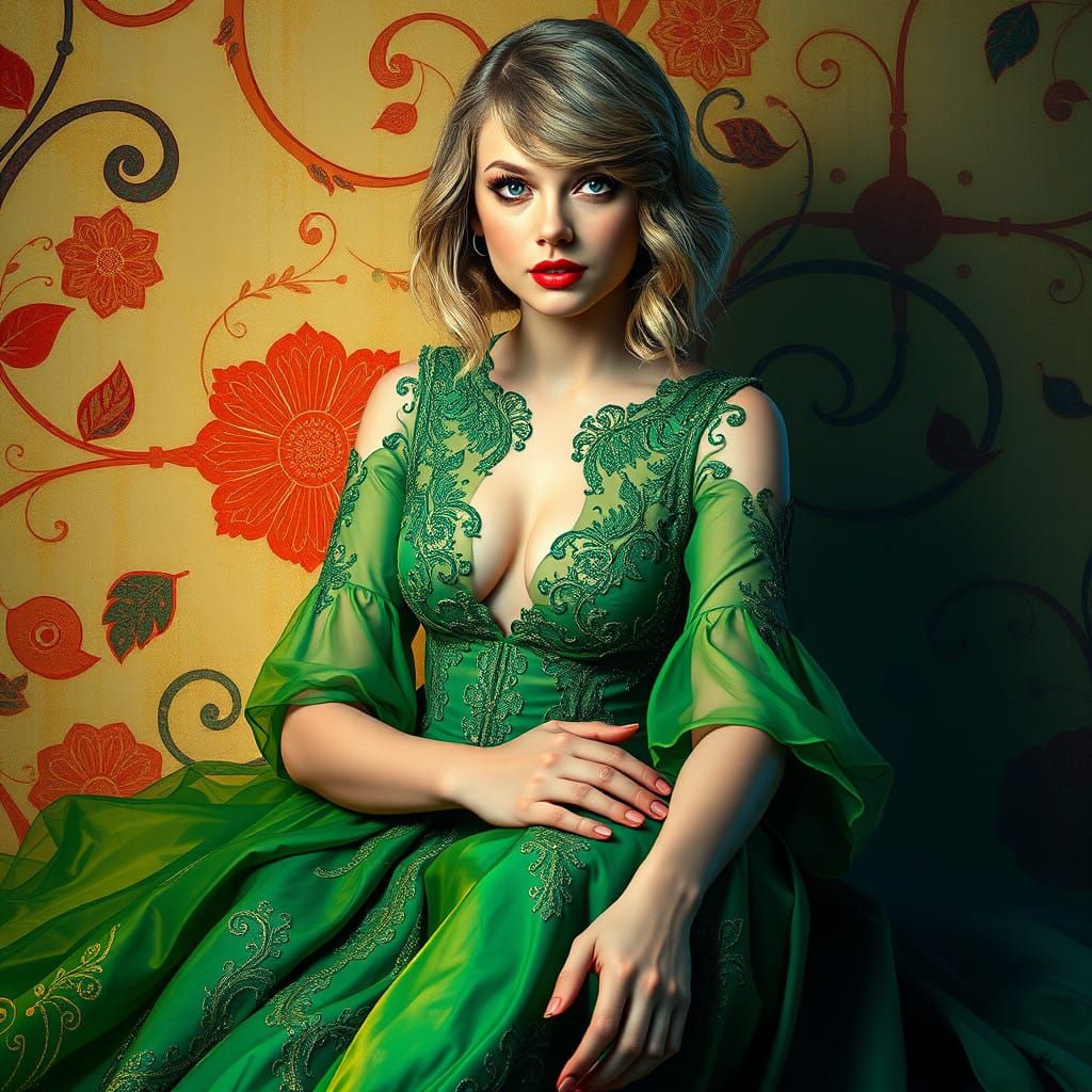 Ethereal Taylor Swift in Vibrant Green Art Nouveau-Inspired...