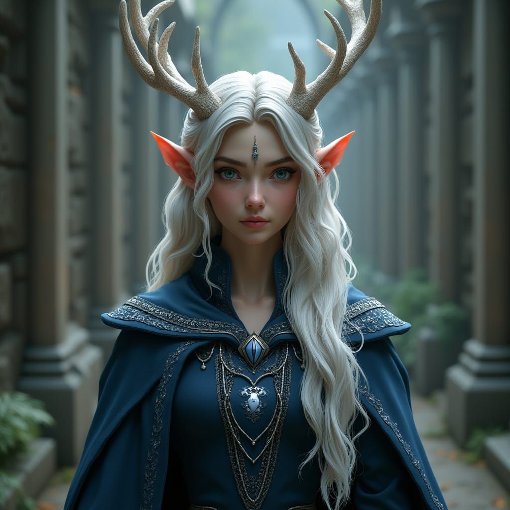 Regal Female Elf in Dark Blue Ravenclaw Uniform at Hogwarts