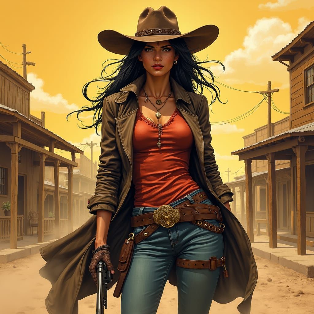 Female Outlaw Gunslinger in Gritty Western Town